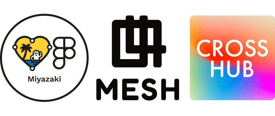 Friends of Figma Miyazaki、Mesh、CROSS HUB、3つのコミュニティのロゴマーク